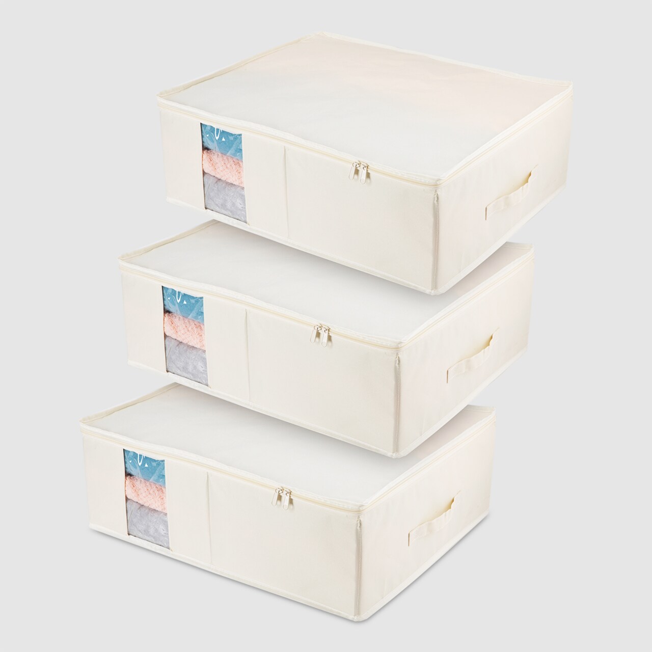 VUSIGN Under Bed Zippered Storage with Window (Beige) – 22″ × 17.6″ × 7.2″ Fabric Organizer Bag with Clear Window & Handles for Bed, Closet & Floor (3‑Pack)